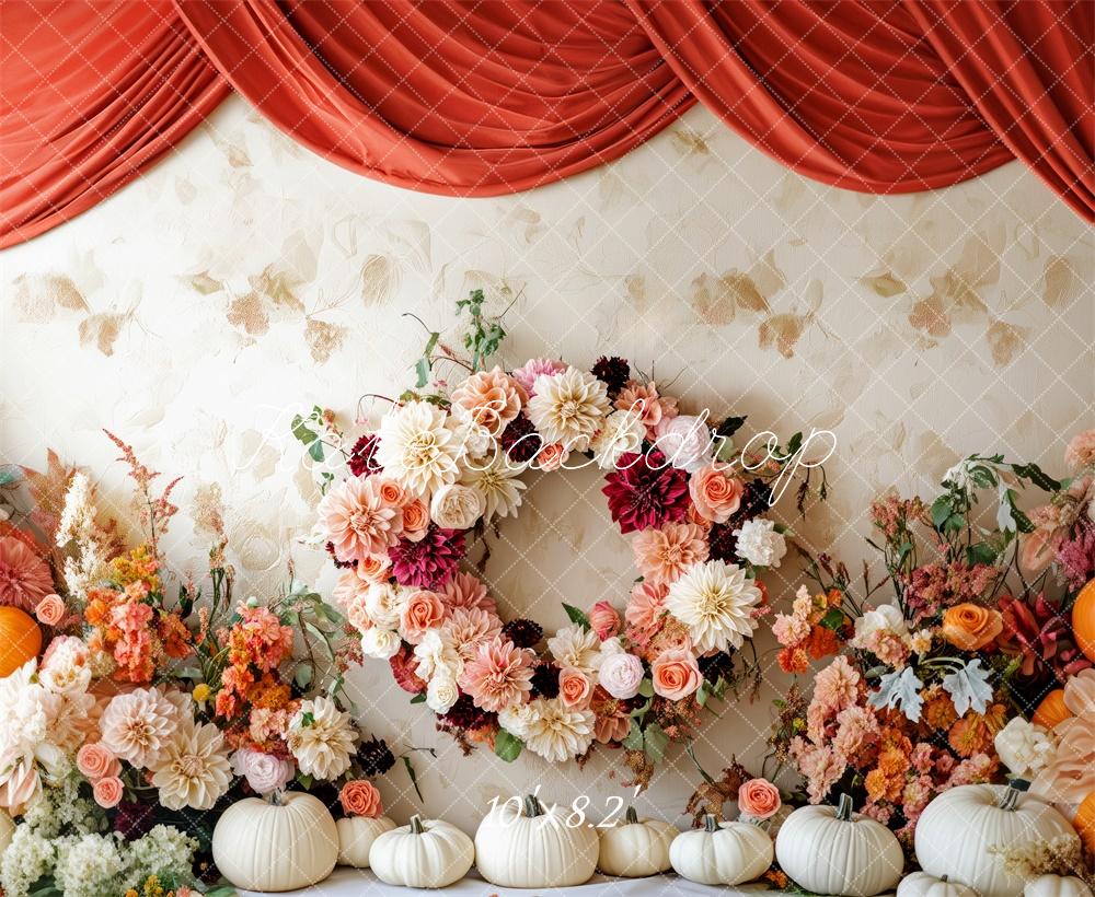 Kate Autumn Flowers Pumpkins Red Drapes Backdrop Designed by Patty Roberts
