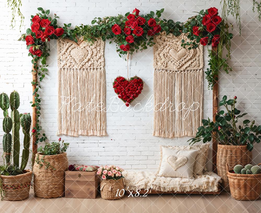 Kate Boho Macrame Red Roses Cactus Fleece Backdrop Designed by Emetselch