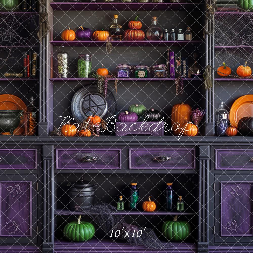 Kate Halloween Cabinet Pumpkins Spider Webs Purple Backdrop Designed by Mandy Ringe - Kate Backdrop AU