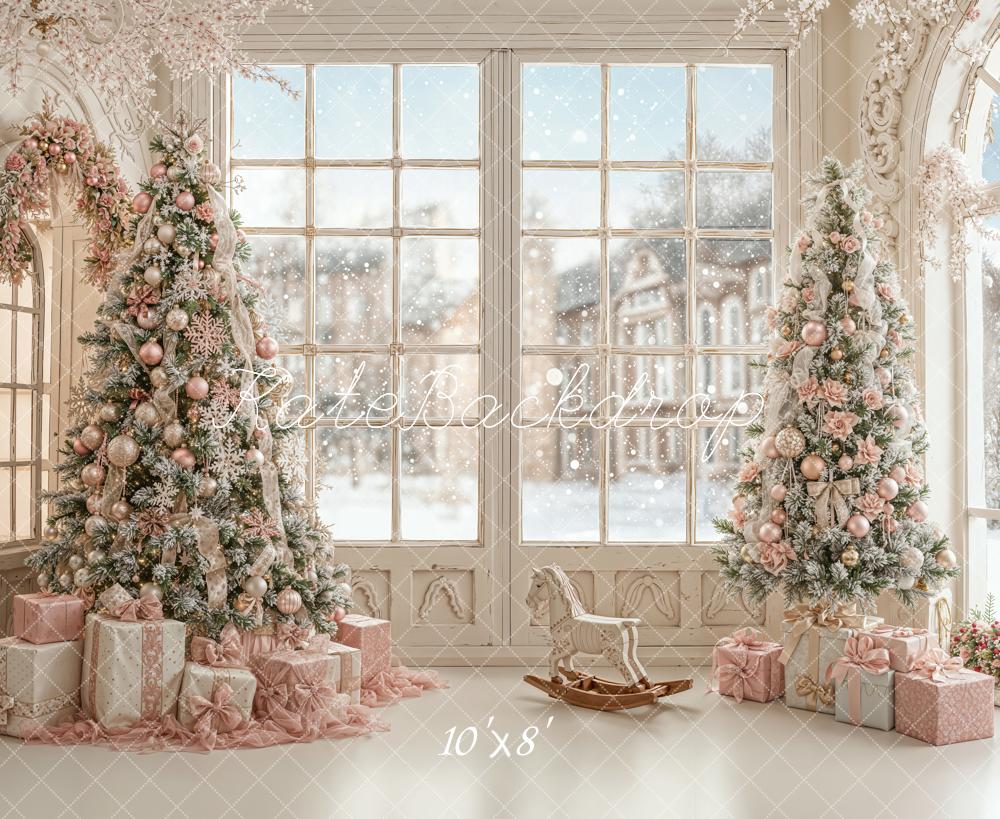 Kate Christmas Trees Window Presents Fleece Backdrop Designed by Emetselch - Kate Backdrop AU