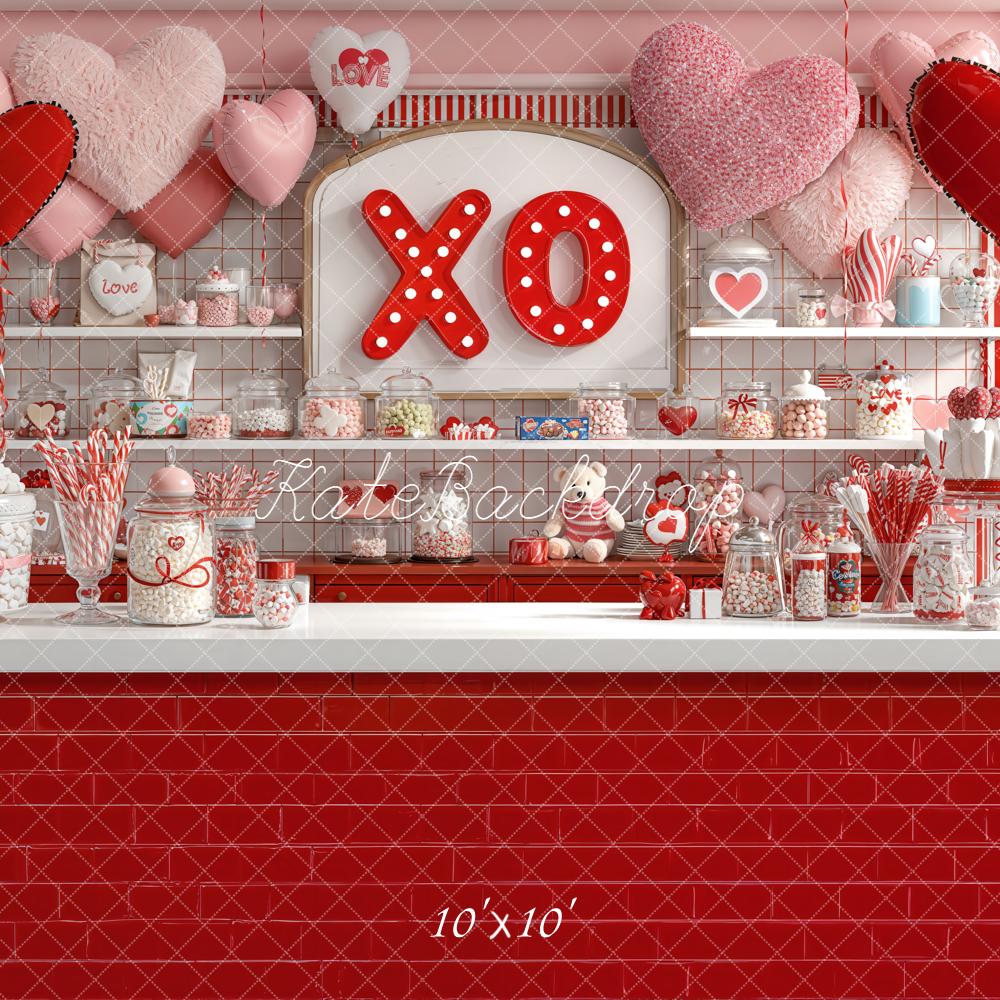 Kate Valentine Candy Shop Hearts Red Backdrop Designed by Emetselch
