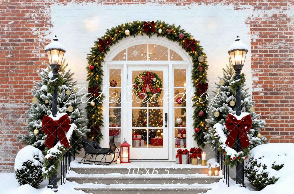 Kate Christmas Porch Snowy Trees Backdrop Designed by Mini MakeBelieve