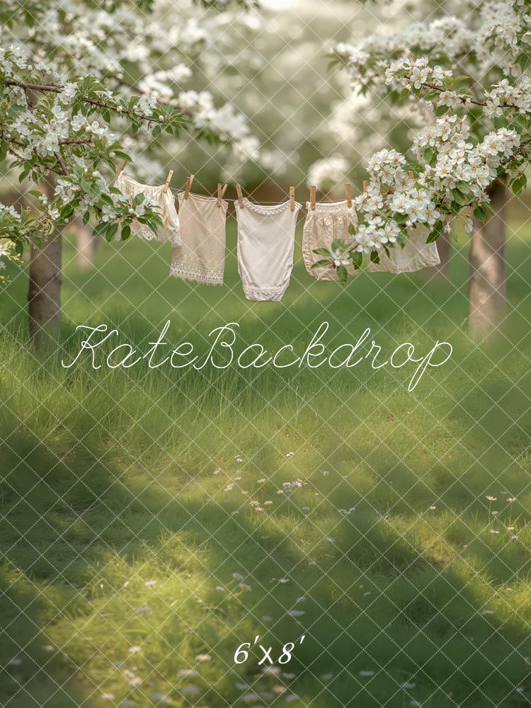 Kate Blossom Trees Clothesline Green Grass Fleece Backdrop Designed by Chain