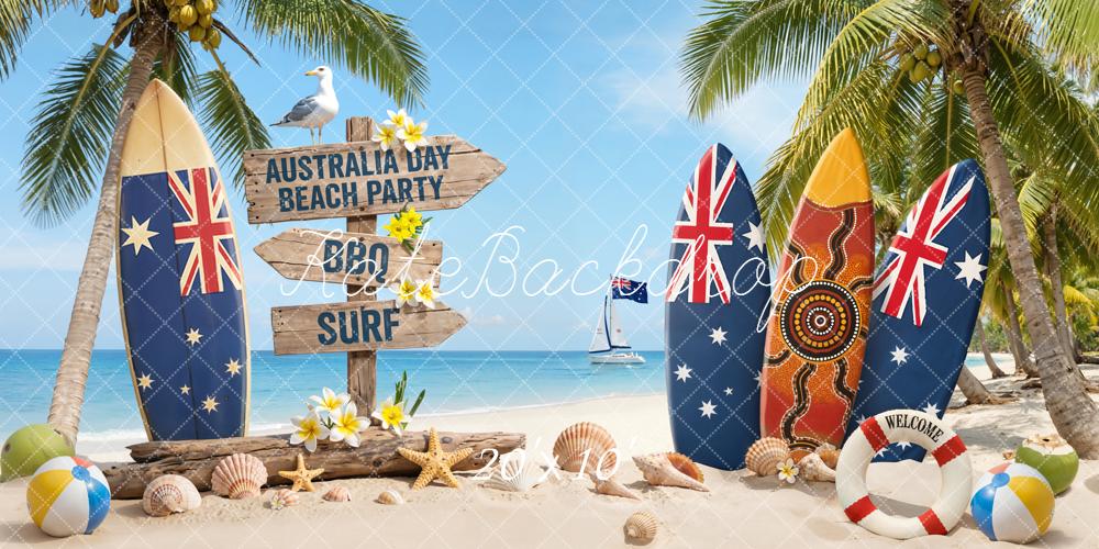 Kate Australia Day Surfboards Palm Trees Beach Backdrop Designed by Emetselch
