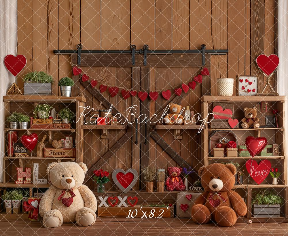 Kate Valentine Teddy Bears Wooden Shelves Hearts Fleece Backdrop Designed by Emetselch
