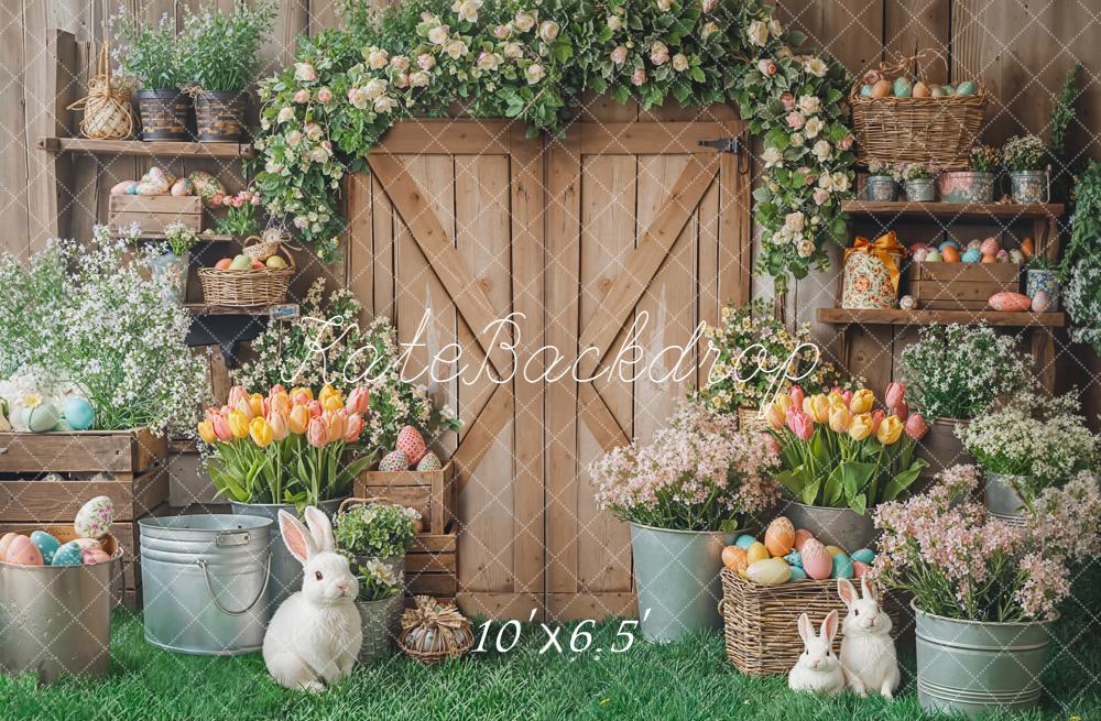 Kate Easter Bunny Floral Eggs Wooden Door Fleece Backdrop Designed by Emetselch