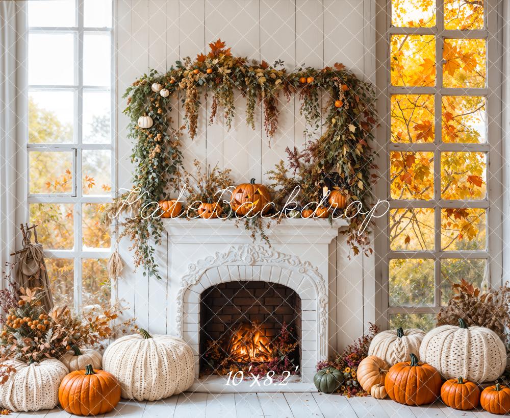 Kate Autumn Fireplace Pumpkins Window Backdrop Designed by Emetselch - Kate Backdrop AU