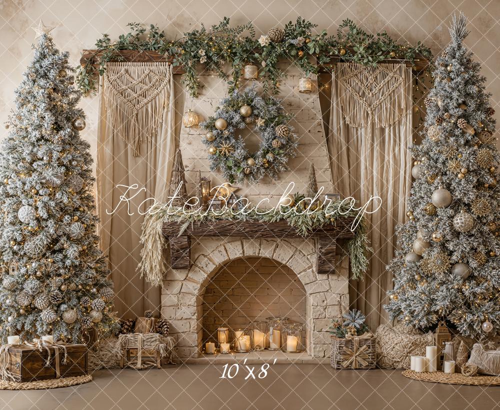 Kate Christmas Fireplace Trees Wreath Fleece Backdrop Designed by Emetselch - Kate Backdrop AU