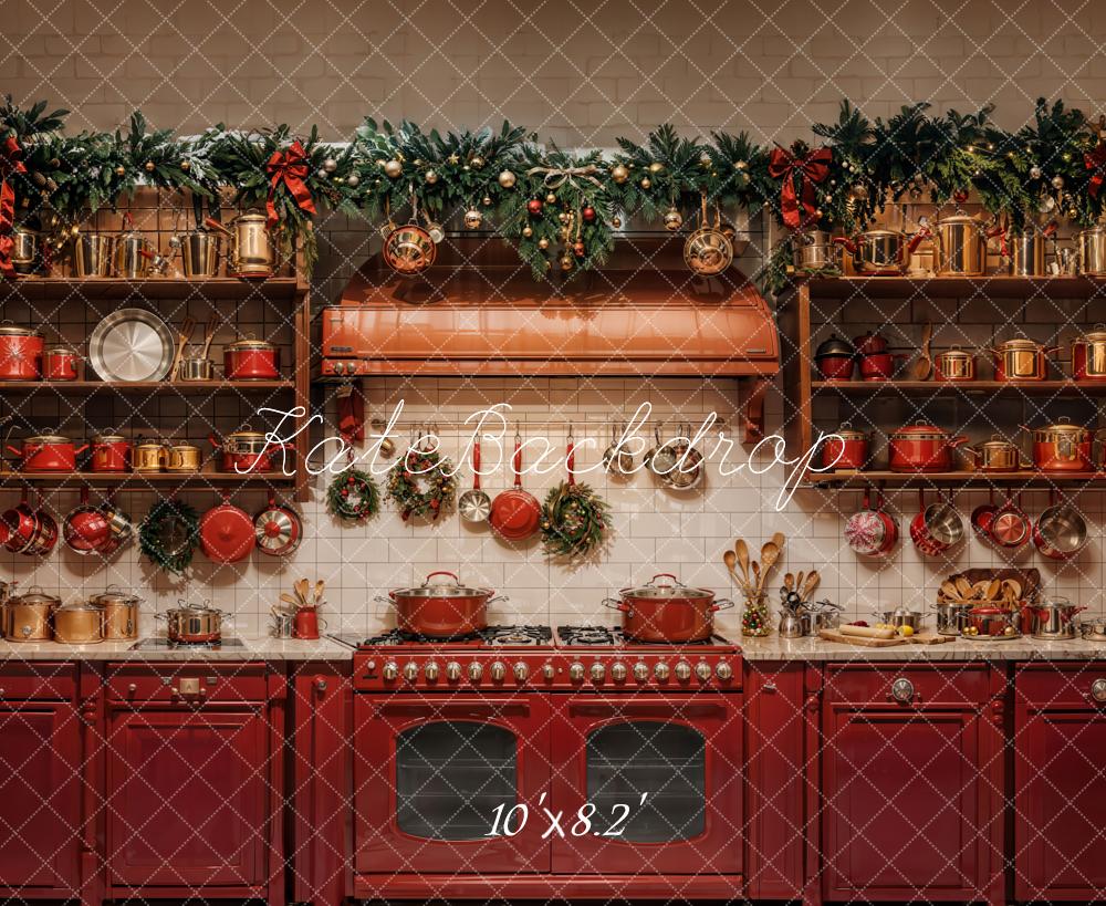Kate Christmas Kitchen Red Pots Backdrop Designed by Emetselch - Kate Backdrop AU
