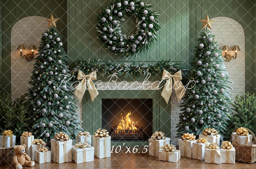 Kate Green Christmas Fireplace Trees Gifts Green Backdrop Designed by Mini MakeBelieve