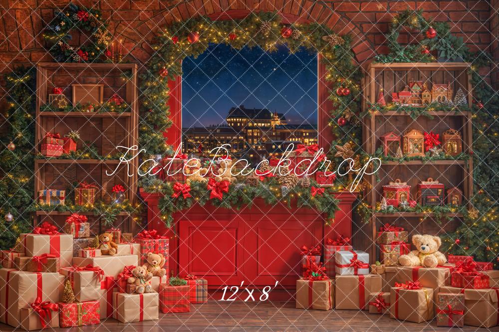 Kate Red Christmas Window Presents Fleece Backdrop Designed by Emetselch