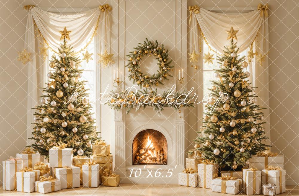 Kate Fireplace Christmas Trees Wreath Backdrop Designed by Emetselch - Kate Backdrop AU