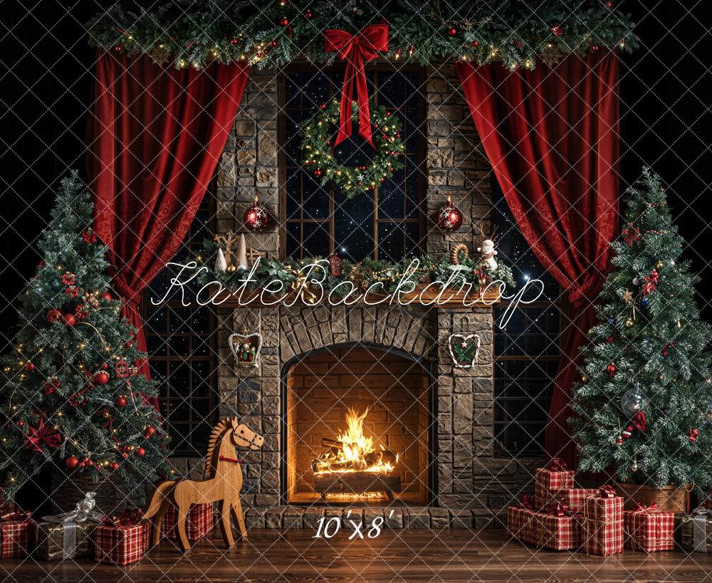 Kate Christmas Fireplace Red Curtains Fleece Backdrop Designed by Emetselch - Kate Backdrop AU