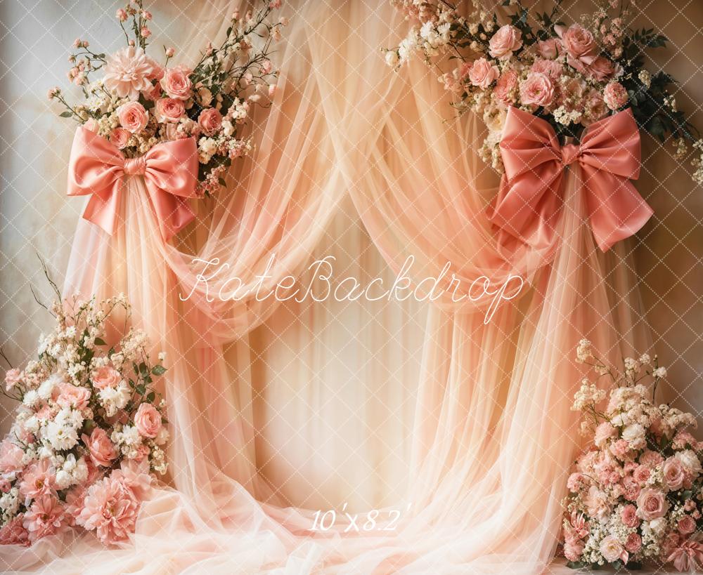 Kate Wedding Pink Flowers Drapes Bow Backdrop Designed by Emetselch