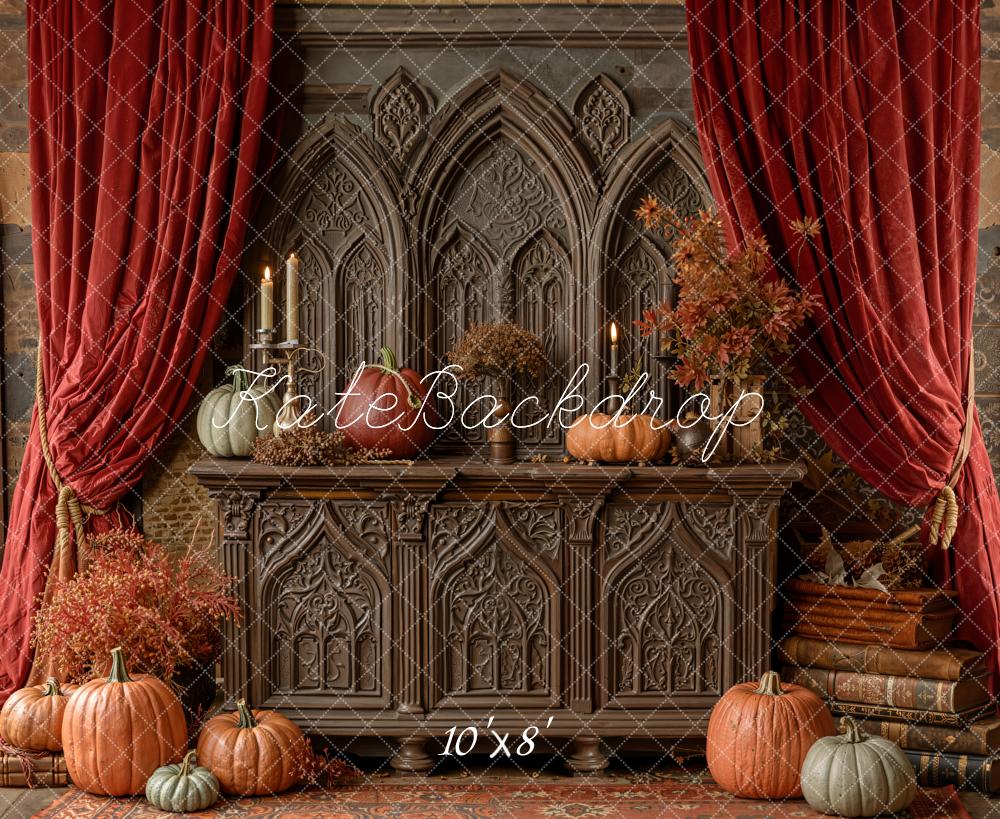 Kate Fall Pumpkins Gothic Cabinet Fleece Backdrop Designed by Emetselch