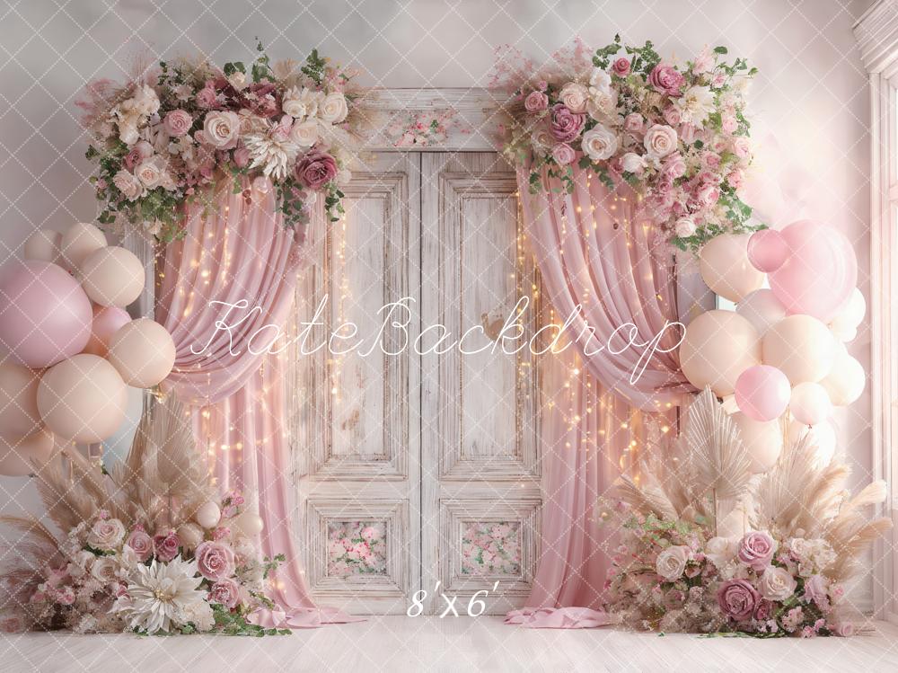 Lightning Deals-C1 Kate Wedding Pink Flower Balloons Retro Door Backdrop Designed by Ashley Paul