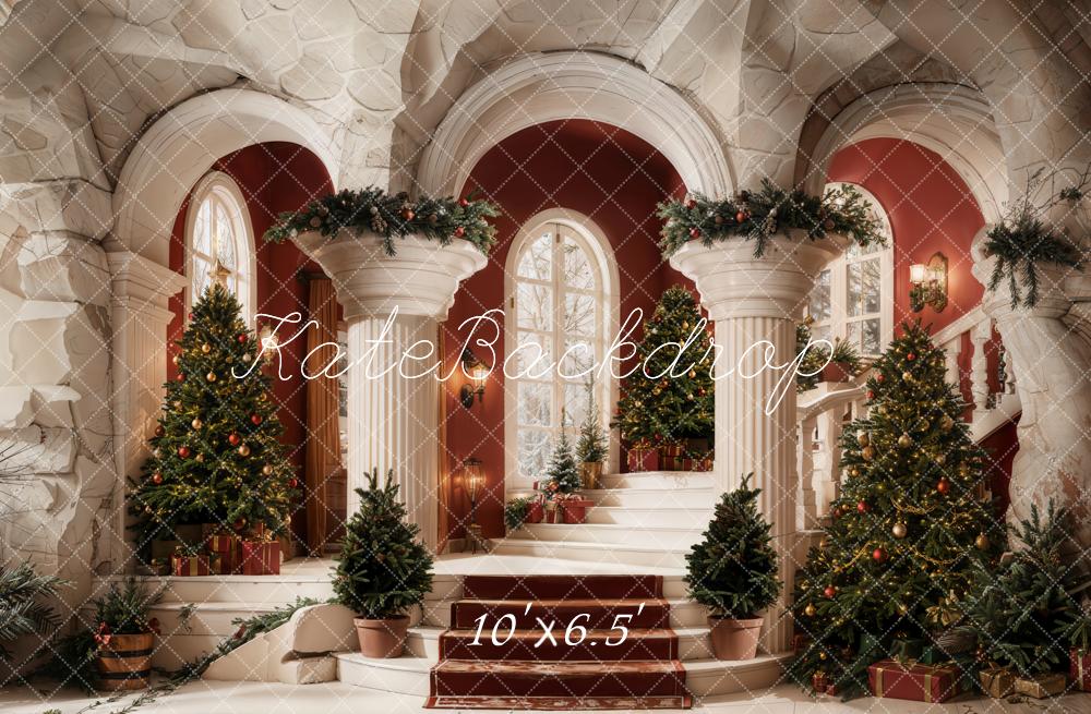 Kate Christmas Cascading Stairs Columns Fleece Backdrop Designed by Emetselch
