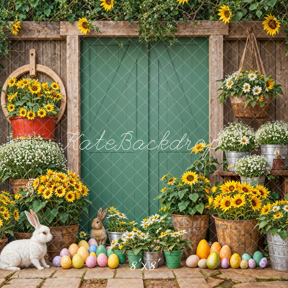 Kate Easter Bunny Sunflowers Rustic Green Door Backdrop Designed by Emetselch