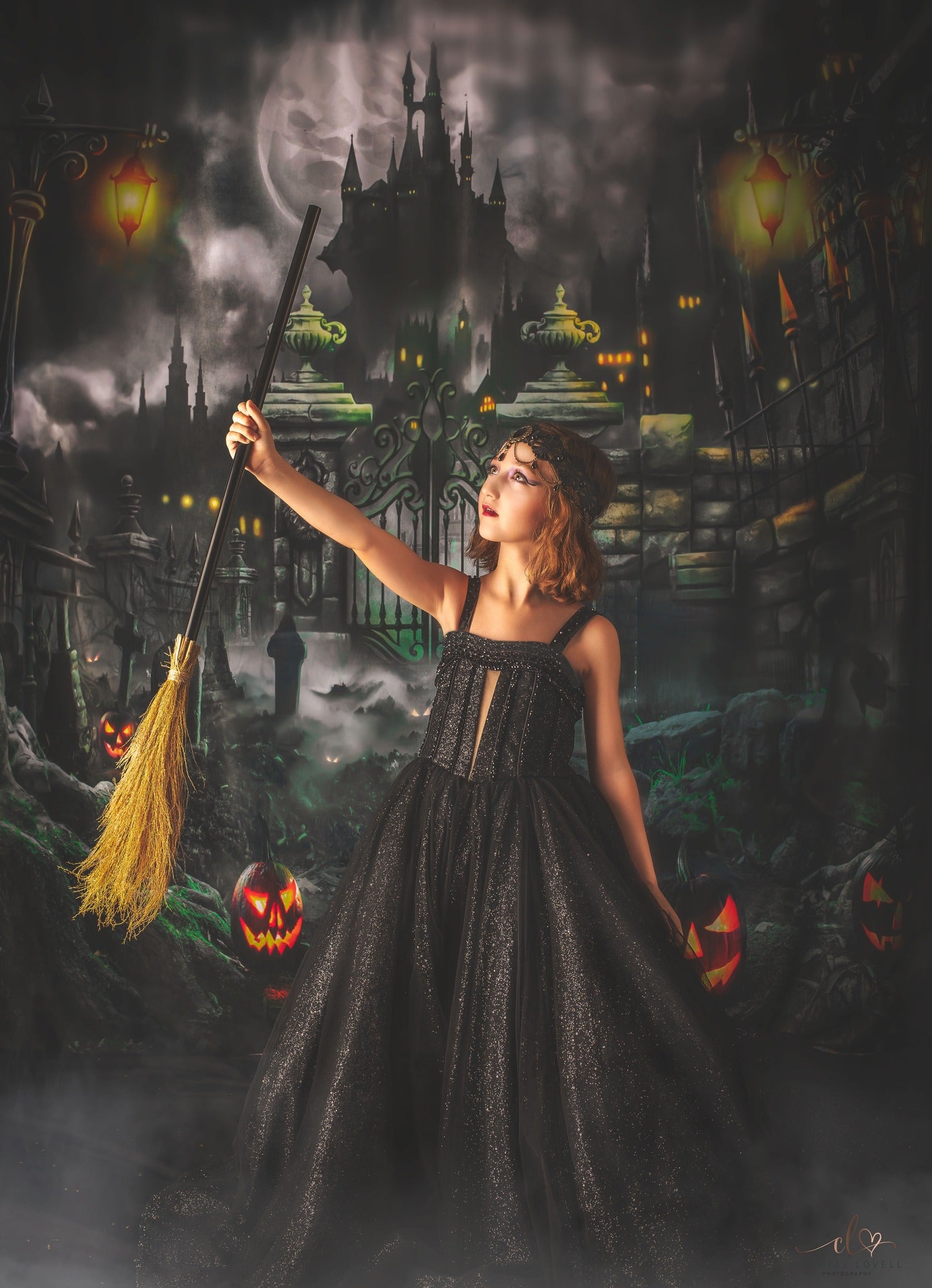 Kate Halloween Pumpkin Backdrop Castle Night Moon for Photography - Kate Backdrop AU