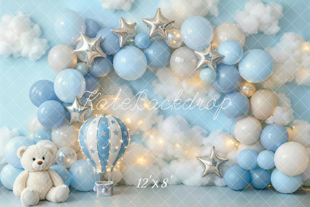 Kate Blue Balloons Clouds Teddy Bear Hot Air Backdrop Designed by Emetselch