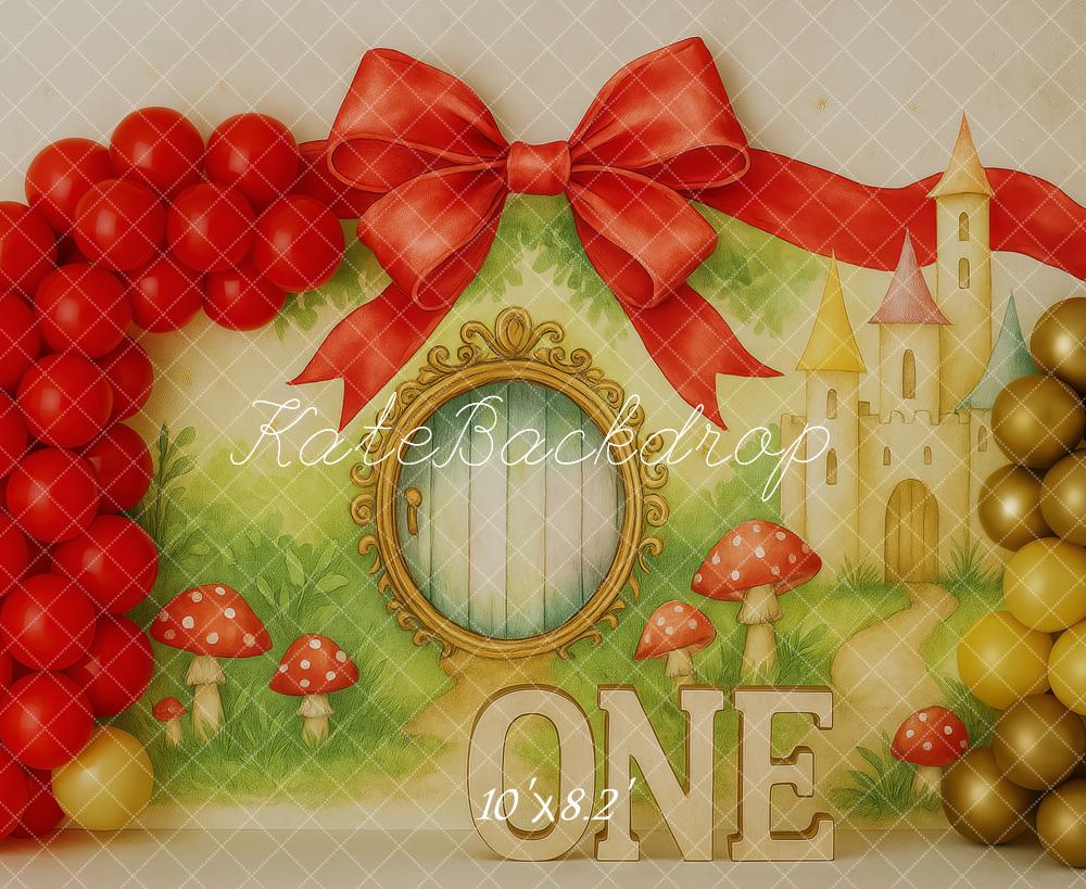 Kate Fairy Red Balloons Mushroom Backdrop Designed by Patty Roberts