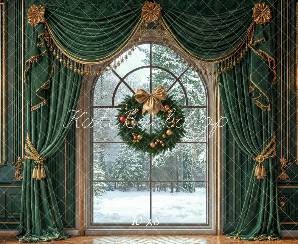 Kate Christmas Wreath Green Curtains Window Fleece Backdrop Designed by Emetselch - Kate Backdrop AU