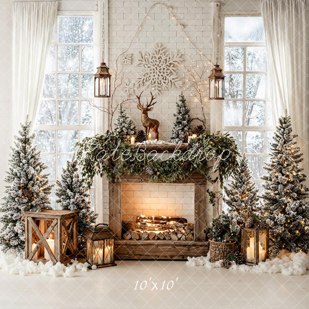 Kate Christmas Fireplace Reindeer Snowy Trees Backdrop Designed by Emetselch