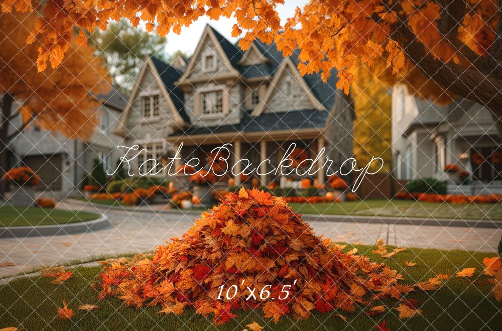 Kate Autumn Leaves Pile Front Yard House Backdrop Designed by Mini MakeBelieve