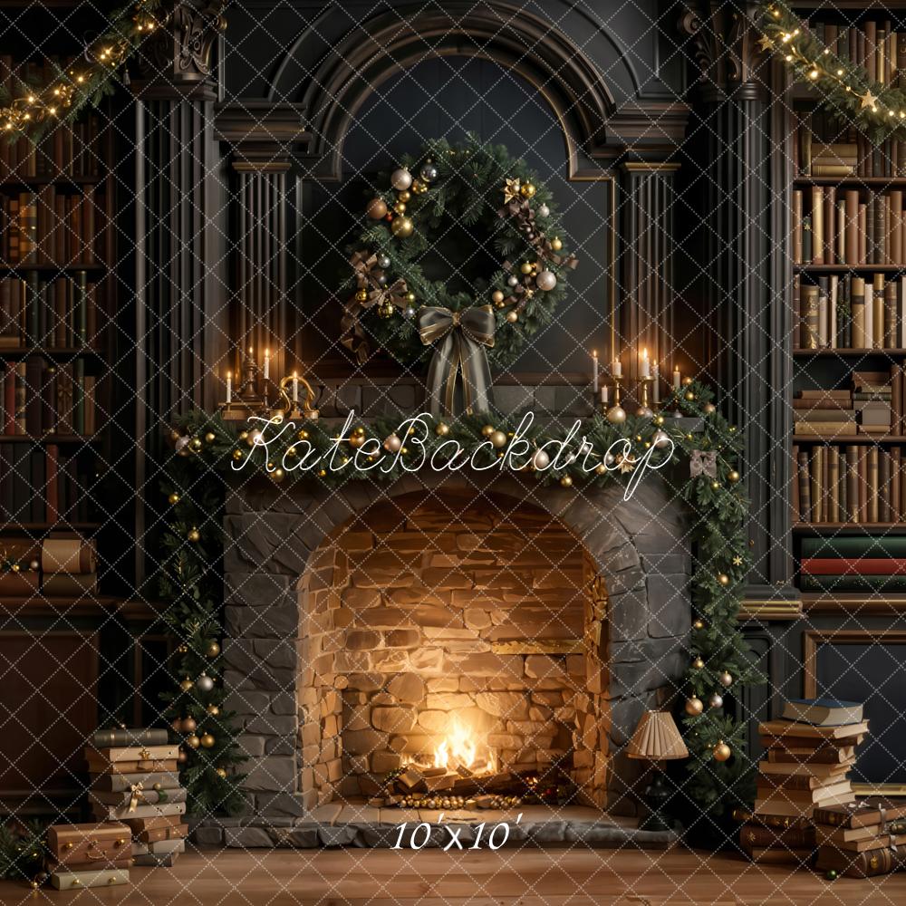 Kate Christmas Fireplace Bookshelves Backdrop Designed by Emetselch - Kate Backdrop AU