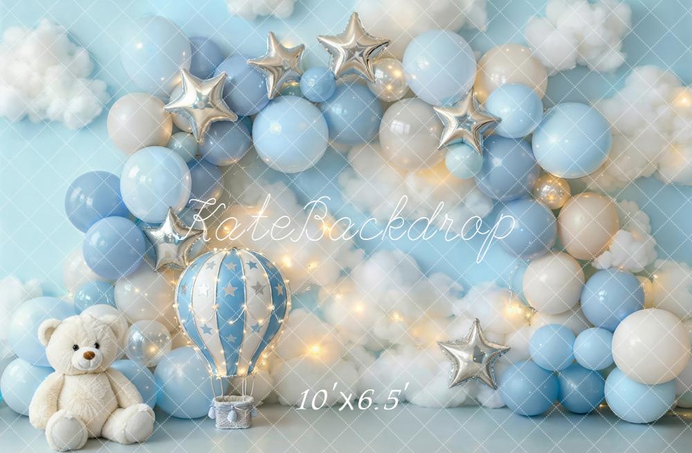 Kate Blue Balloons Stars Clouds Birthday Fleece Backdrop Designed by Emetselch