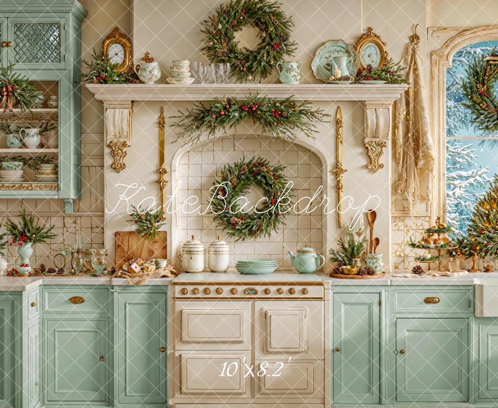 Kate Christmas Kitchen Green Cabinets Backdrop Designed by Emetselch - Kate Backdrop AU