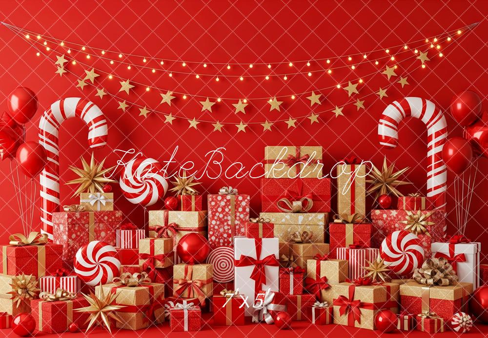 Kate Christmas Presents Candy Canes Red Backdrop Designed by Patty Roberts