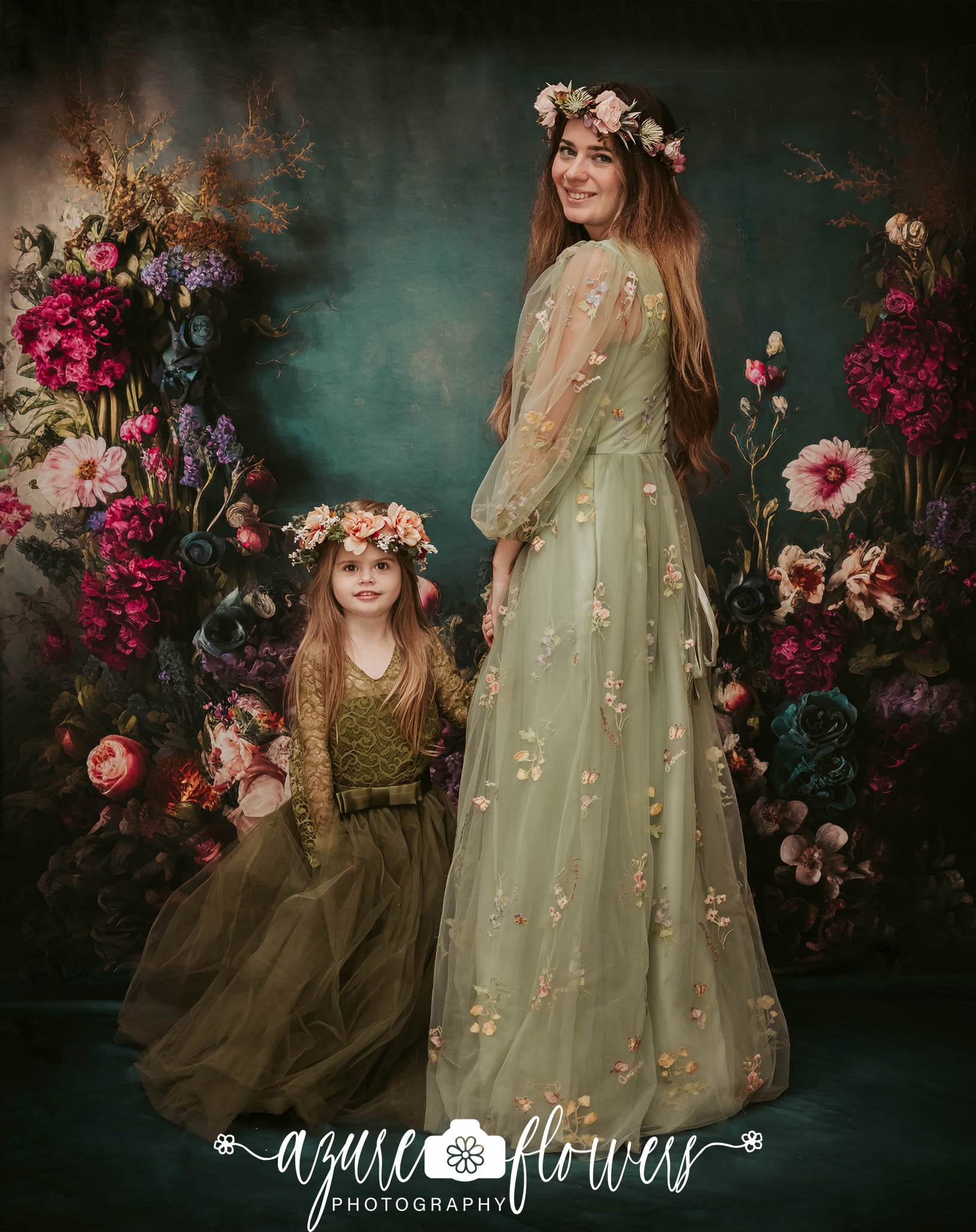 Kate Fine Art Backdrop Oil Painterly Floral Dark Teal Designed by Mini MakeBelieve - Kate Backdrop AU