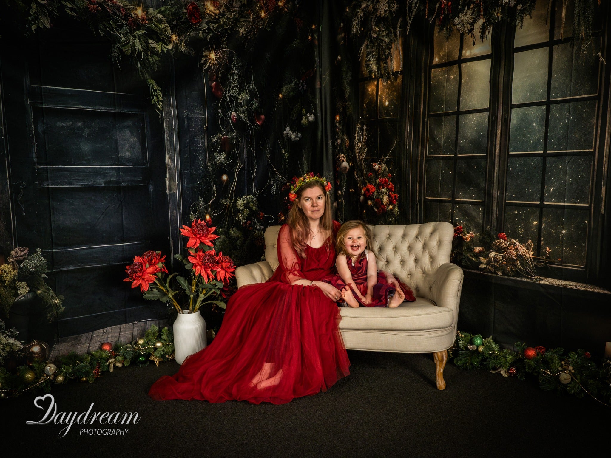 Kate Christmas Holly Window Black Wall Backdrop Designed by Angela Miller - Kate Backdrop AU