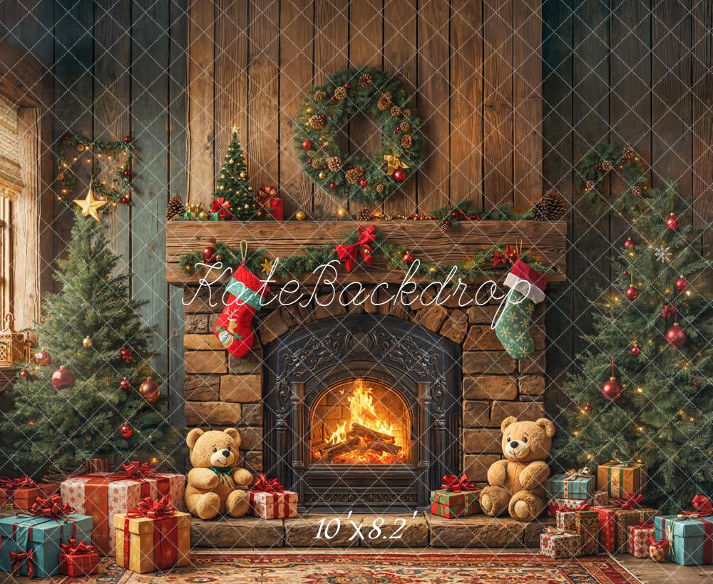 Kate Christmas Fireplace Trees Presents Fleece Backdrop Designed by Emetselch