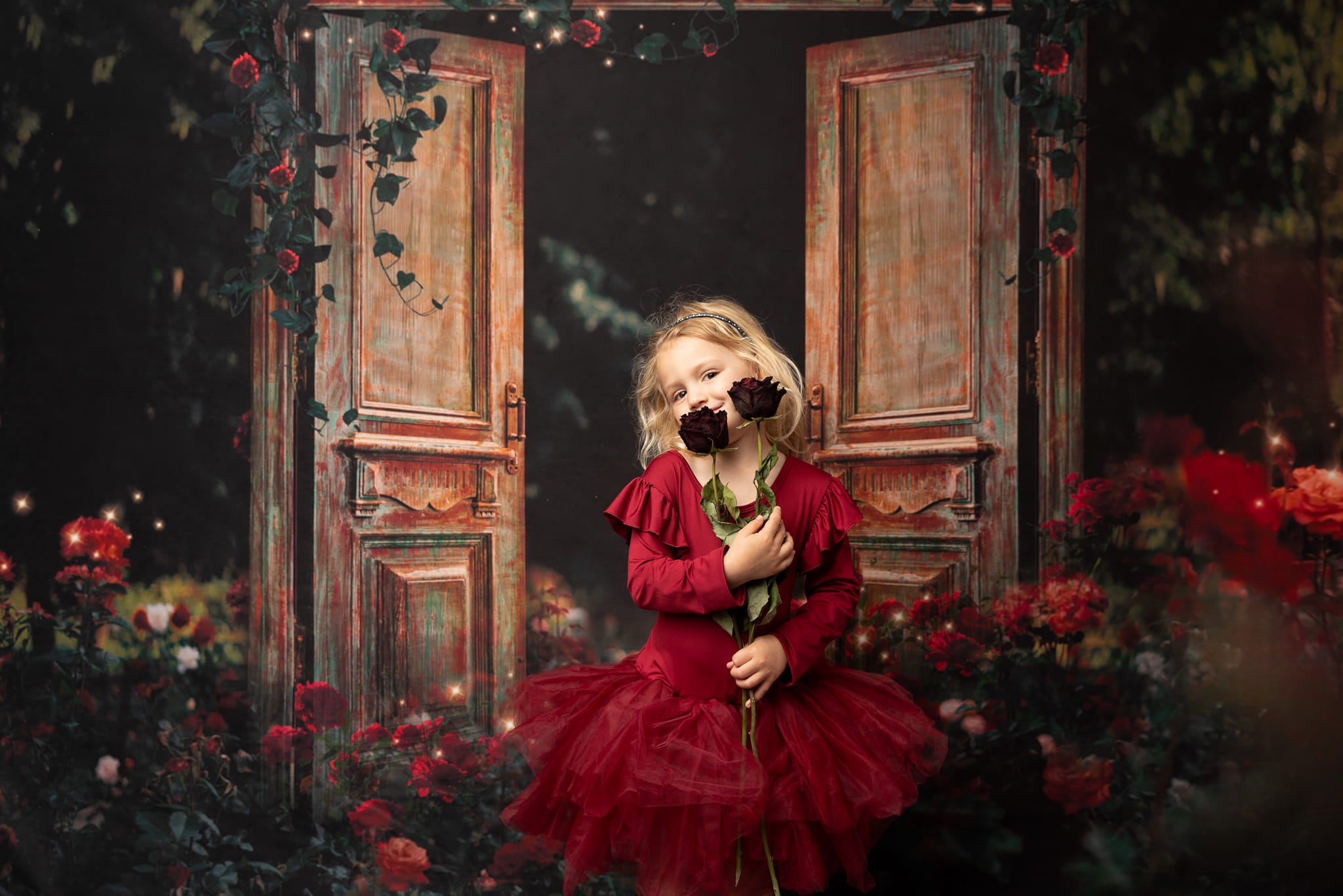 Kate Valentine's Day Night Rose Garden Door Backdrop for Photography - Kate Backdrop AU