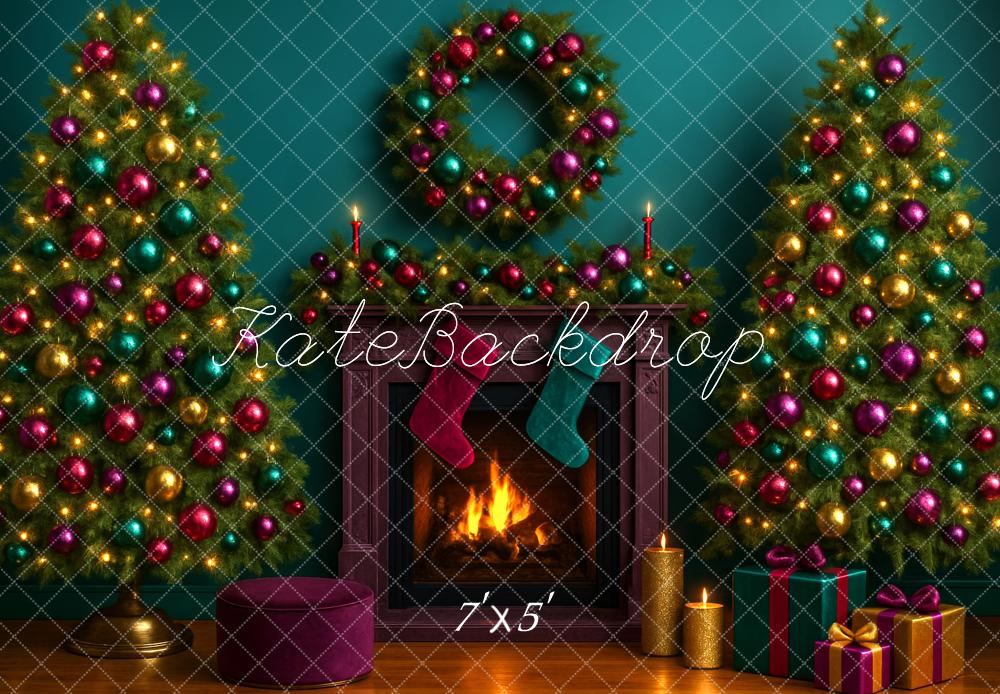 Kate Christmas Trees Fireplace Wreath Backdrop Designed by Megan Leigh - Kate Backdrop AU