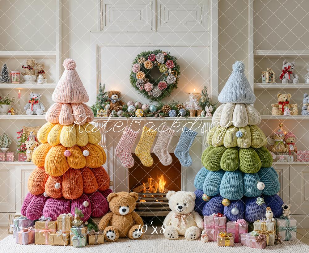 Kate Christmas Backdrop Knitted Trees Teddy Bears Presents Fleece Designed by Emetselch - Kate Backdrop AU