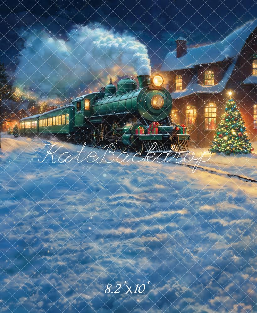 Kate Train Christmas Tree Snow Night Backdrop Designed by Chain - Kate Backdrop AU
