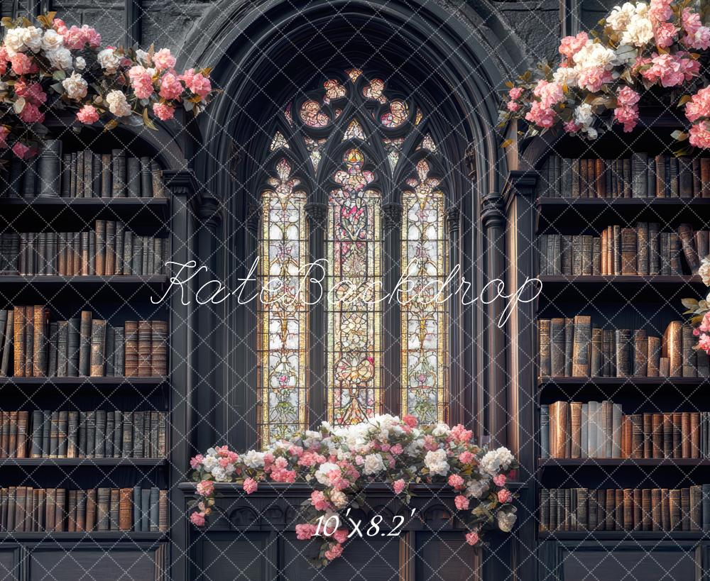 Kate Library Bookshelves Stained Glass Flowers Backdrop Designed by Mini MakeBelieve - Kate Backdrop AU