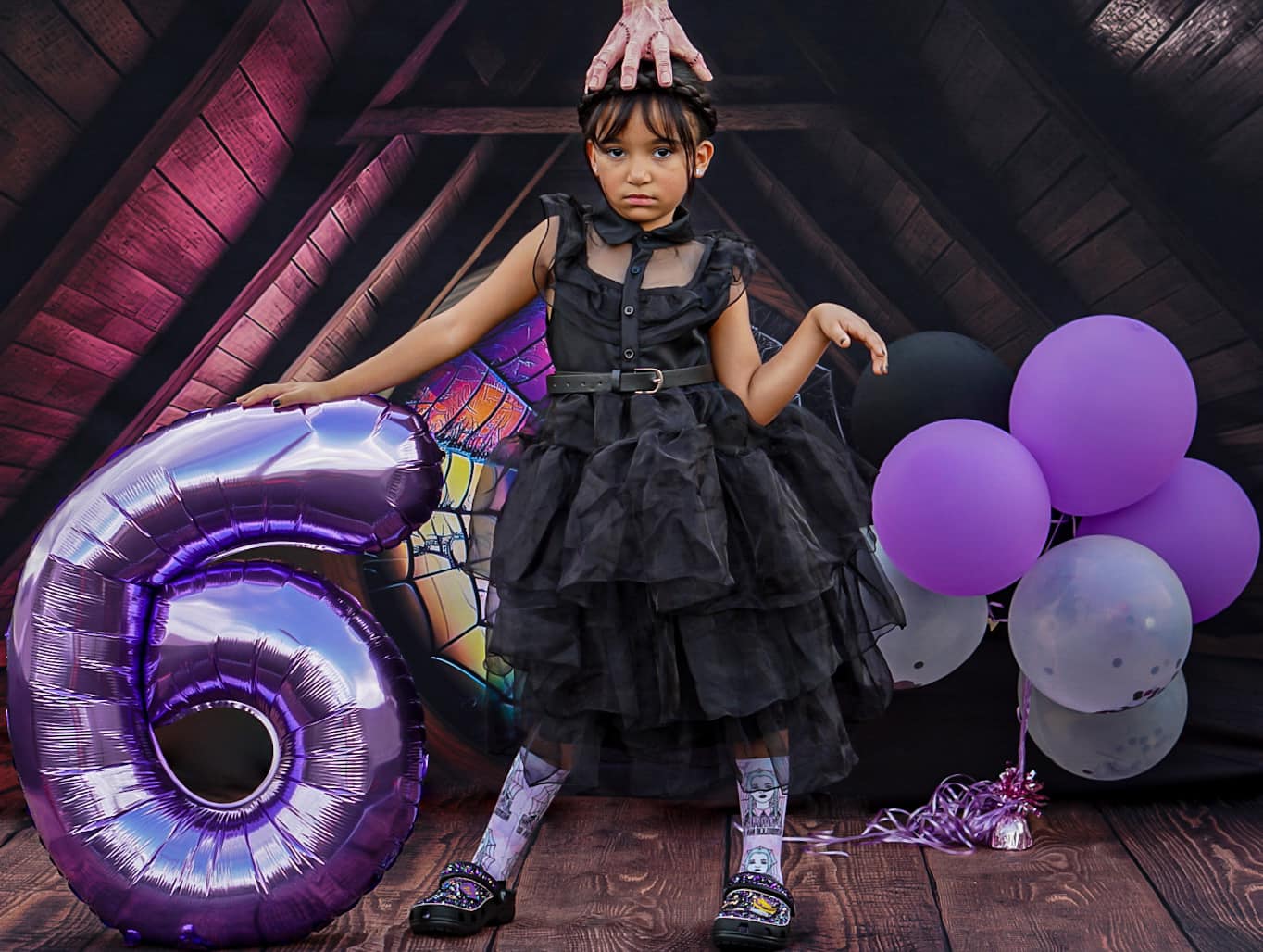 Kate Spooky Halloween Backdrop Attic Dorm Room Colorful Spiderweb Window Designed by Mini MakeBelieve - Kate Backdrop AU