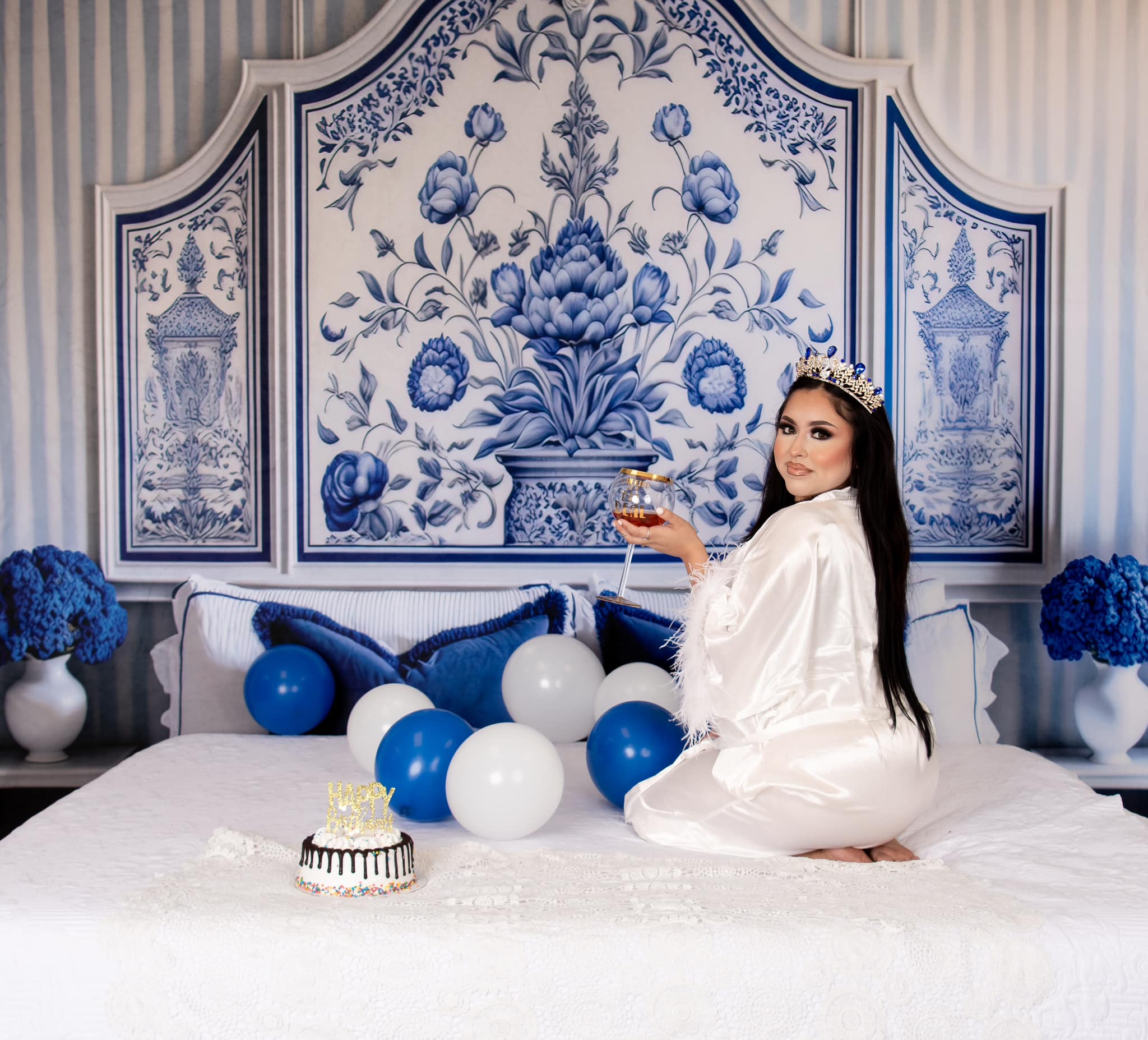 Kate Painted Blue Backdrop White Delft Style Boudoir Headboard Designed by Mini MakeBelieve - Kate Backdrop AU