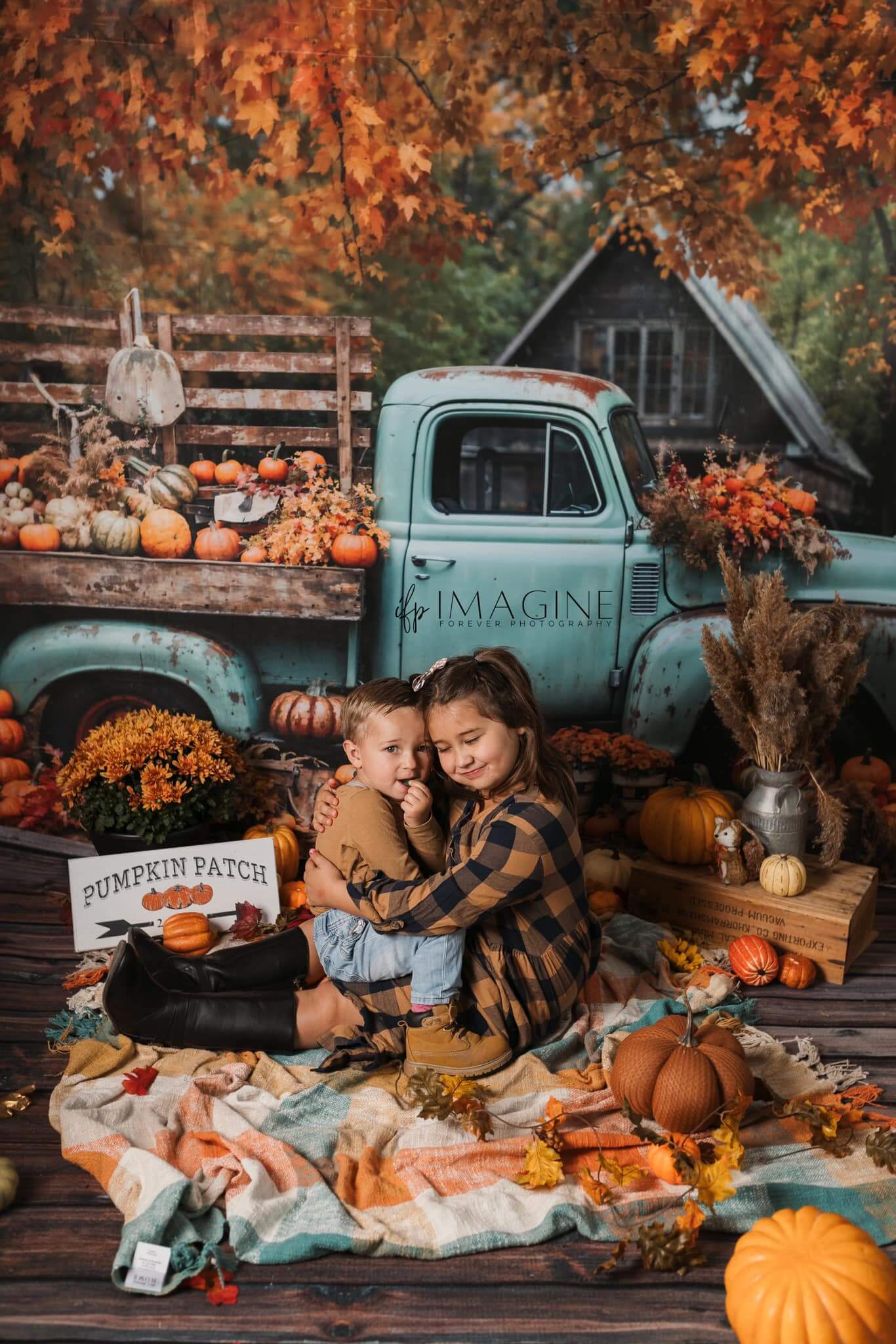 Kate Autumn Truck Backdrop Golden Leaves Old House Designed by Chain Photography - Kate Backdrop AU