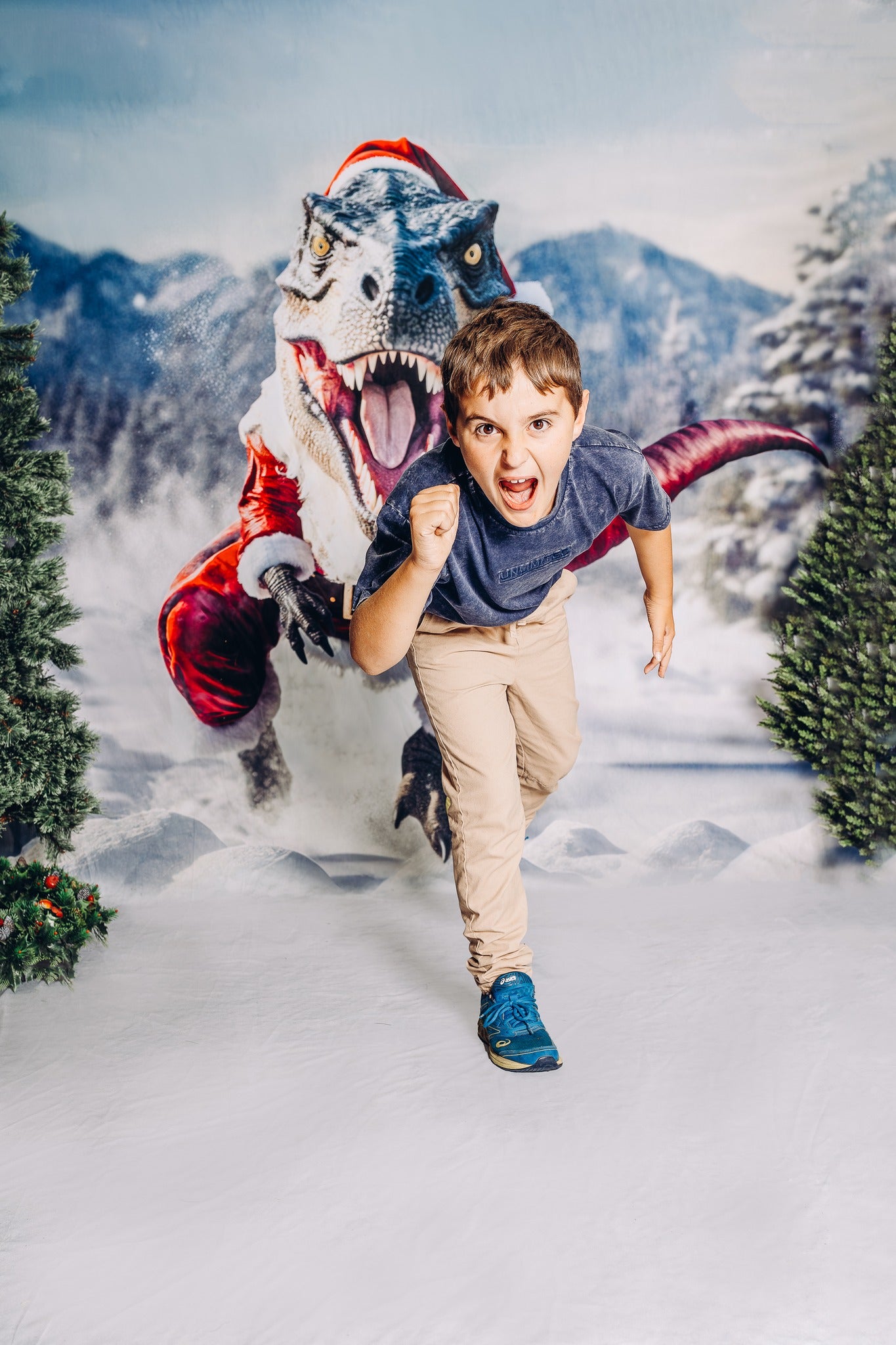 Kate T-Rex with Christmas Santa Clothes in Winter Backdrop Designed by Mini MakeBelieve - Kate Backdrop AU