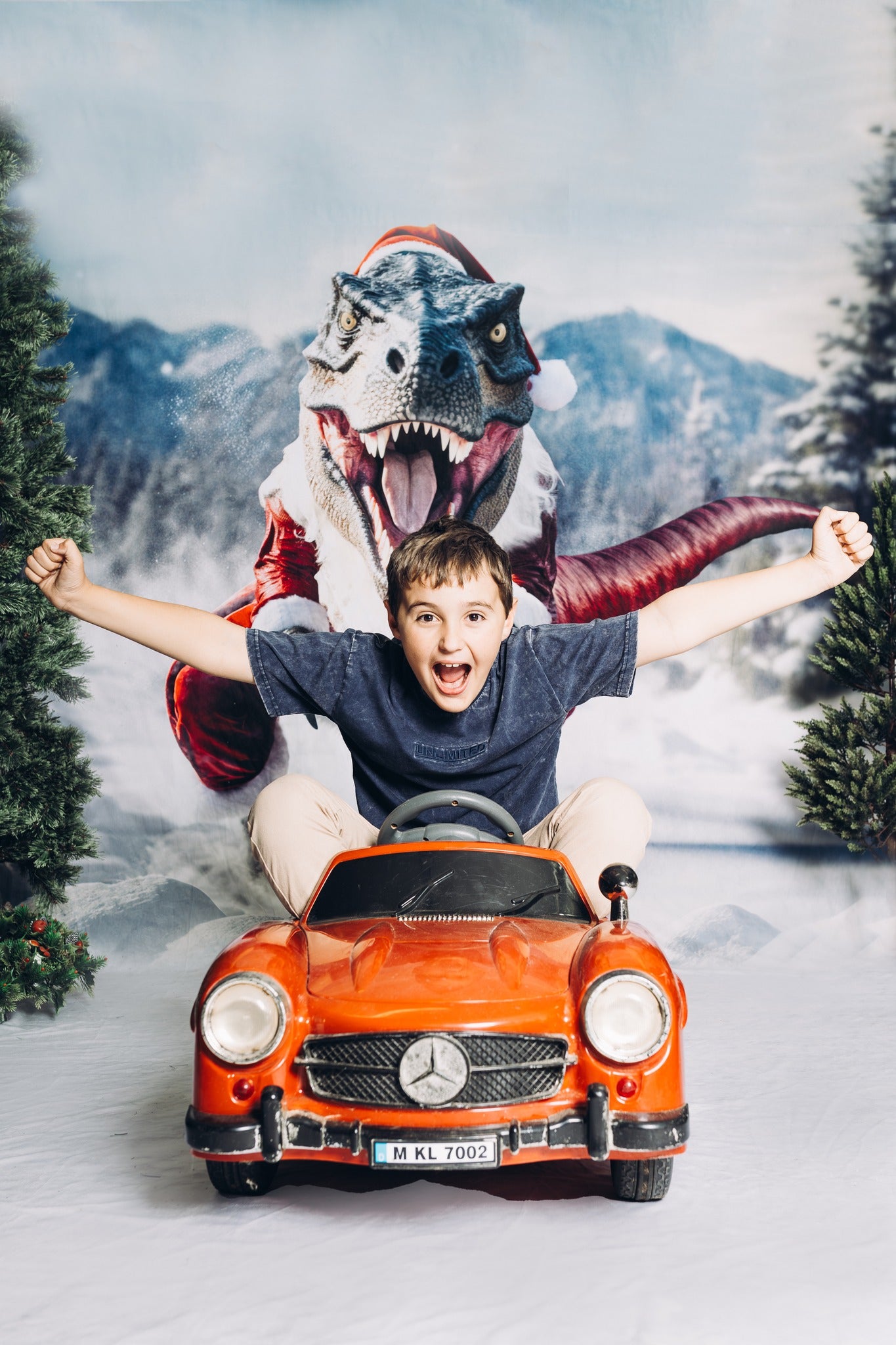 Kate T-Rex with Christmas Santa Clothes in Winter Backdrop Designed by Mini MakeBelieve - Kate Backdrop AU