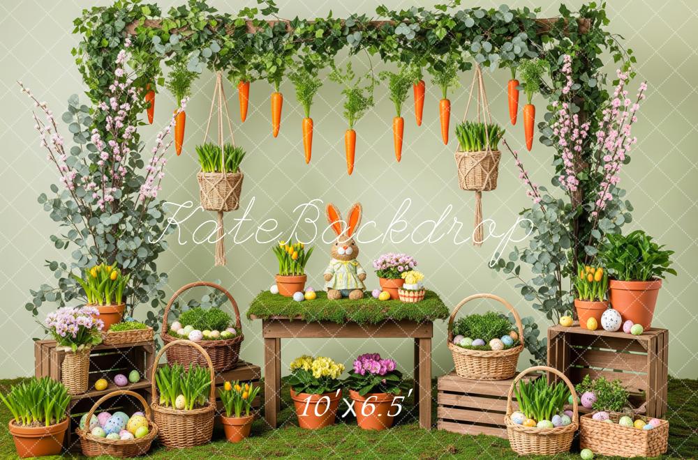 Kate Easter Bunny Carrots Flower Baskets Greenery Backdrop Designed by Patty Roberts