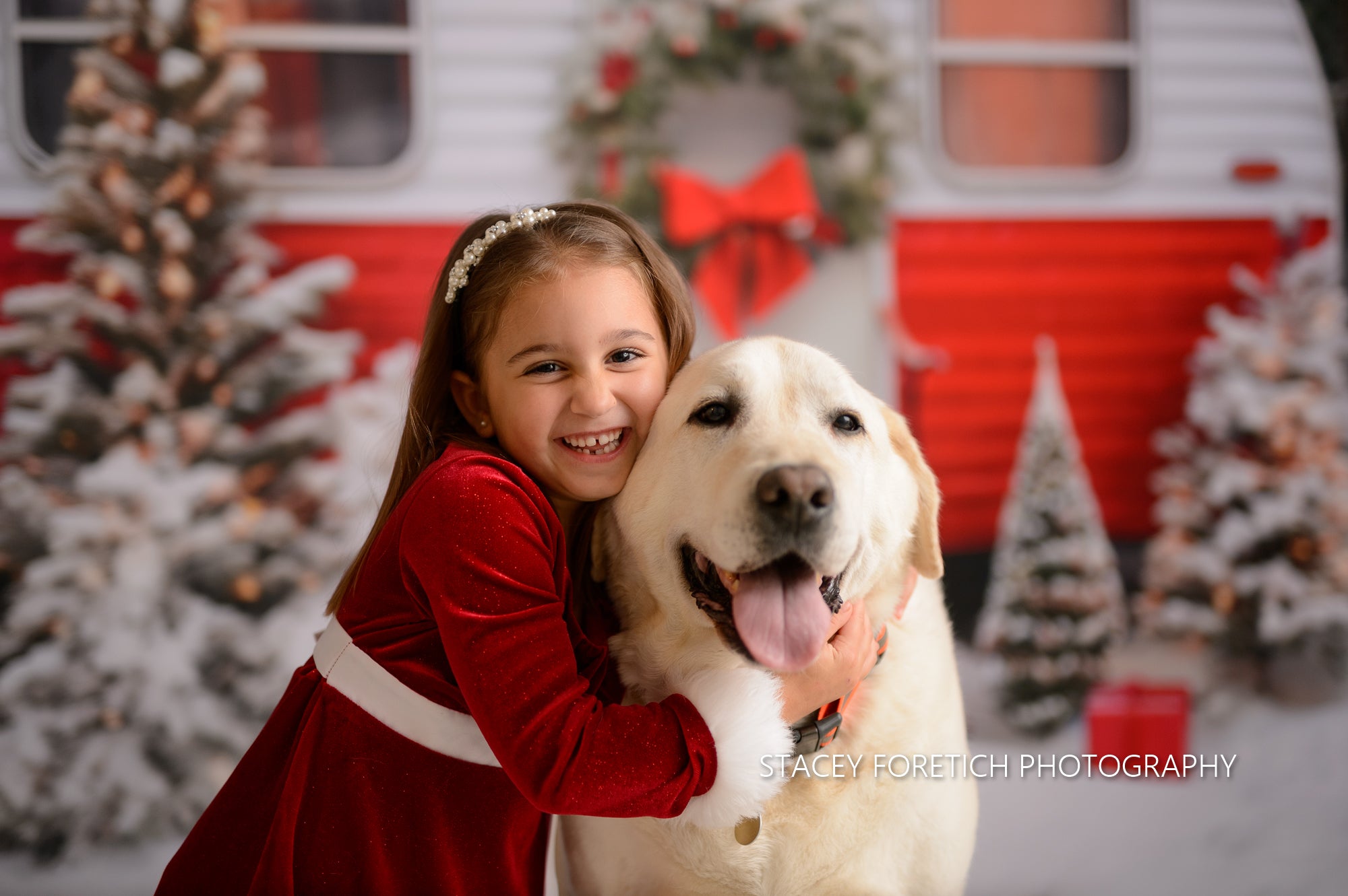 Kate Christmas Red Camping Car with Snow Tree Backdrop for Photography