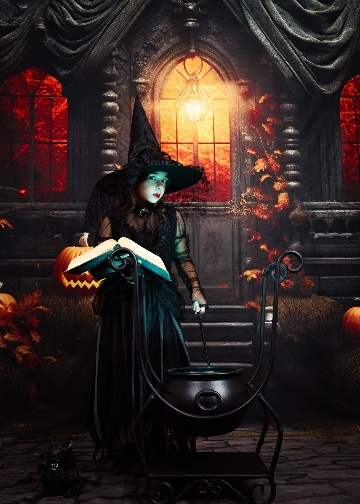 Kate Halloween Sunset Spooky Pumpkin House Backdrop for Photography - Kate Backdrop AU
