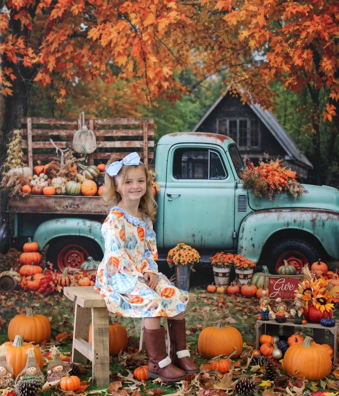 Kate Autumn Truck Backdrop Golden Leaves Old House Designed by Chain Photography - Kate Backdrop AU