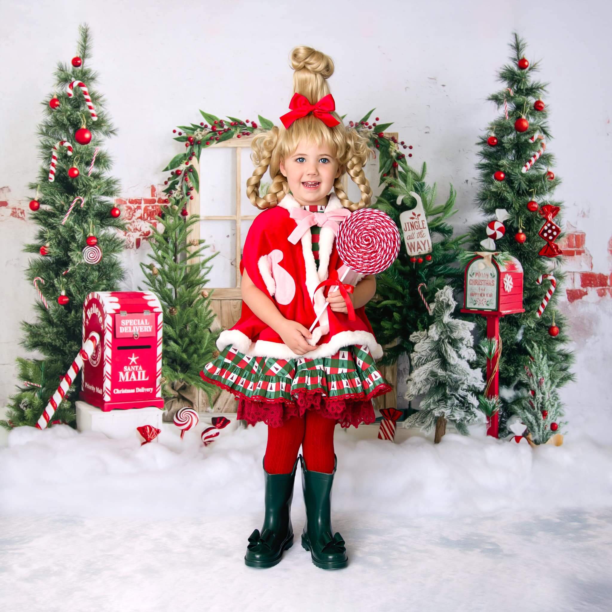 Kate Winter Christmas Tree Backdrop Snow Mailbox Designed by Emetselch - Kate Backdrop AU